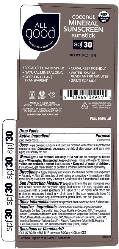 El-gd-lbl-0344 Rev 0 (75071 221 01 Lm39978 All Good Spf30 Coconut Sun Stick .5oz Label Artwork  El Gd Lbl 0344 Rev 0)